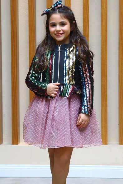 Kız Çocuk Pulpayet Detaylı Ceket ve Kabarık Tüllü Pembe Etekli Takım - Resim 8