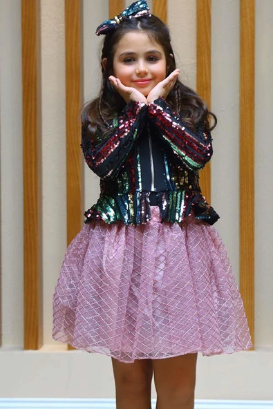 Kız Çocuk Pulpayet Detaylı Ceket ve Kabarık Tüllü Pembe Etekli Takım - Resim 10