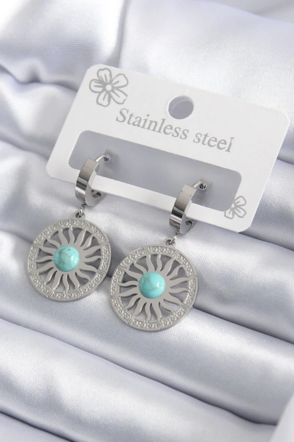 316L Çelik Gümüş Renk Mavi Taşlı İşleme Detay Güneş Model Kadın Küpe ürün görseli