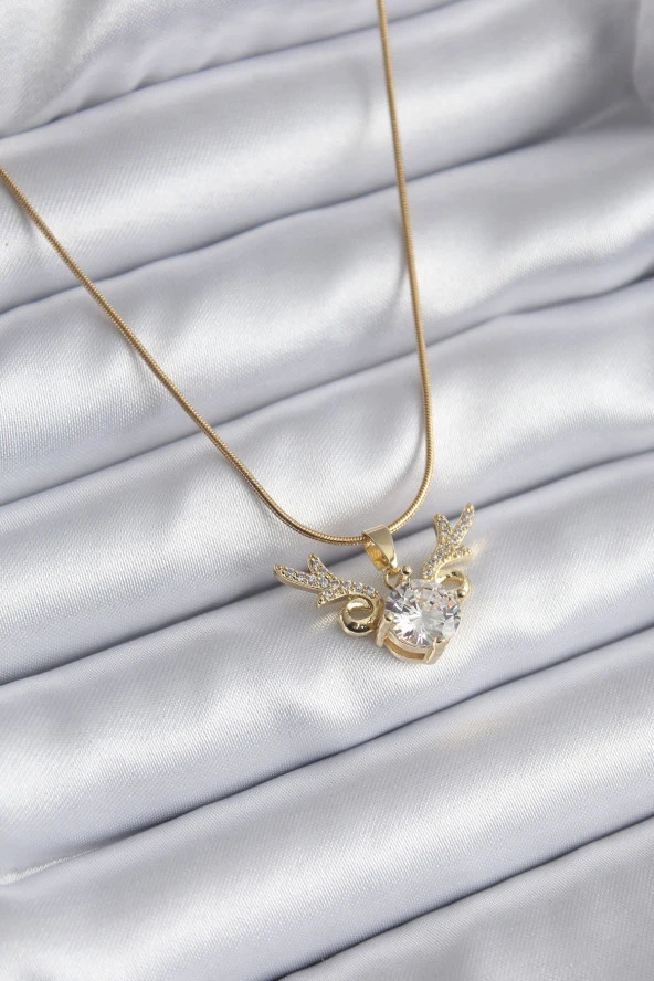 316L Çelik Gold Renk Zirkon Taşlı Boynuz Model Kadın Kolye ürün görseli