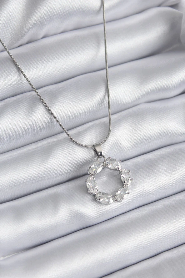 316L Çelik Gümüş Renk Zirkon Taşlı Kadın Kolye ürün görseli