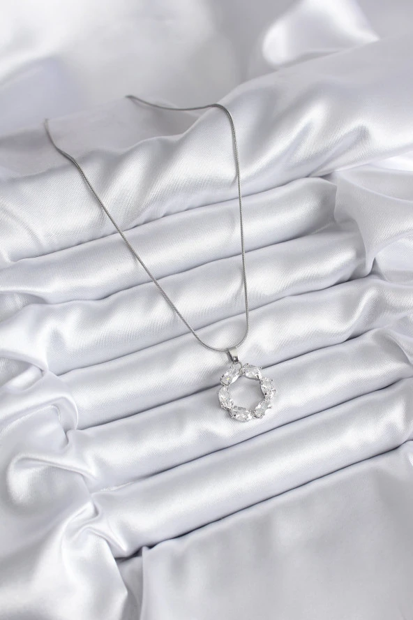 316L Çelik Gümüş Renk Zirkon Taşlı Kadın Kolye - Resim 2