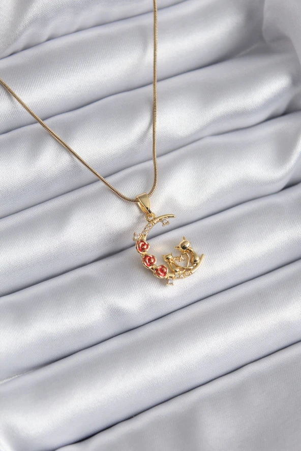 316L Çelik Gold Renk Hilal Kedi Model Zirkon Taşlı Detay Kadın Kolye ürün görseli