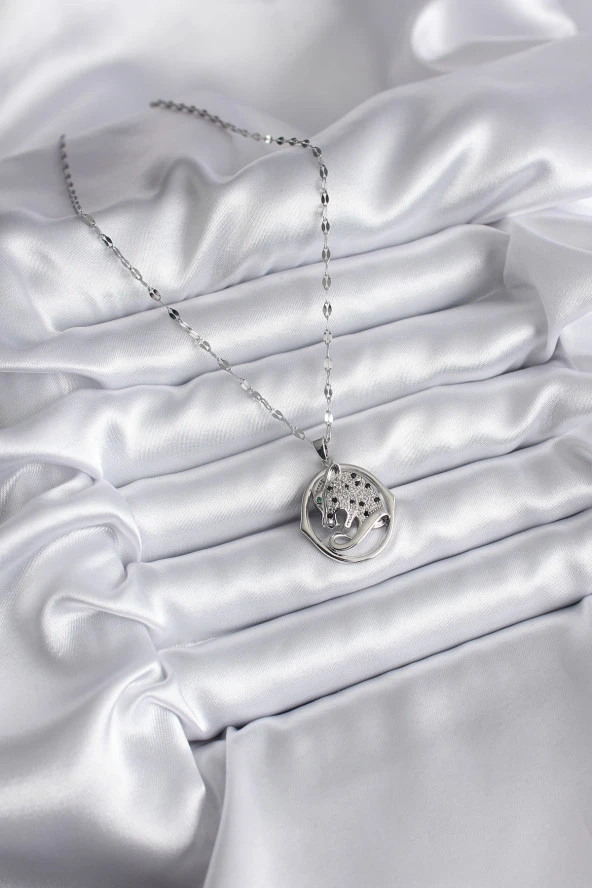 316L Çelik Gümüş Renk Zirkon Taşlı Puma Model Kadın Kolye - Resim 2