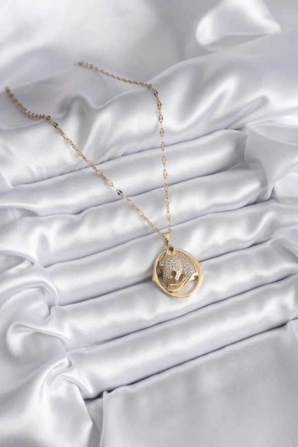 316L Çelik Gold Renk Zirkon Taşlı Puma Model Kadın Kolye - Resim 2