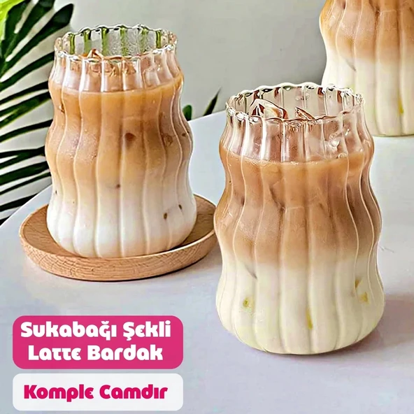 2li Sukabağı Şekli Latte Bardak Seti İskandinav Tarz Cam Bardak Kahve Kokteyl Sunum Bardağı 500ml - Resim 2