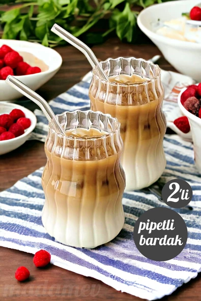 2'li Pipetli İskandinav Tarz Burgu Cam Bardak Seti Kahve Kokteyl Sunum Bardağı Borosilikat 400 ml.