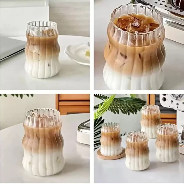2li Sukabağı Şekli Latte Bardak Seti İskandinav Tarz Cam Bardak Kahve Kokteyl Sunum Bardağı 500ml - Resim 4