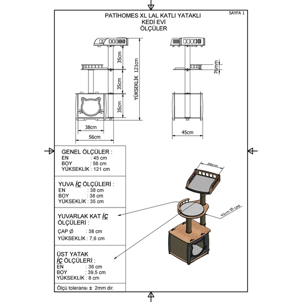 Patihomes XL Lâl Katlı Yataklı Kedi Evi - 5