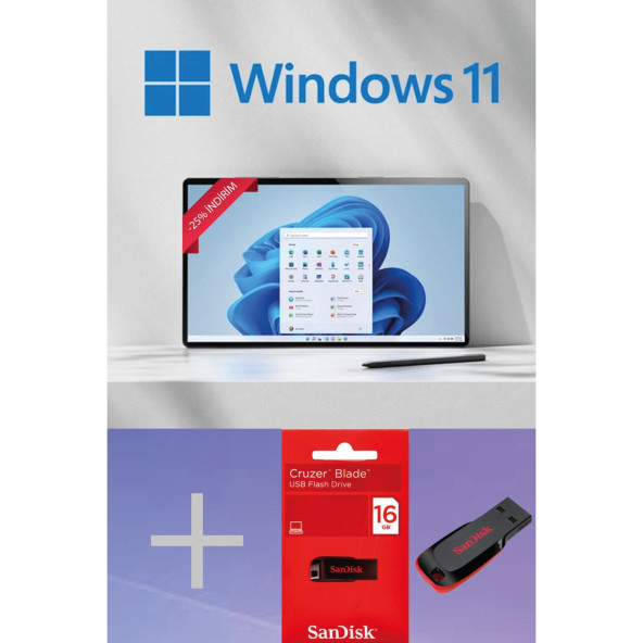 Windows 11 Pro İşletim Sistemli Sandisk 16GB USB Bellek + Lisans Anahtarı Hediye