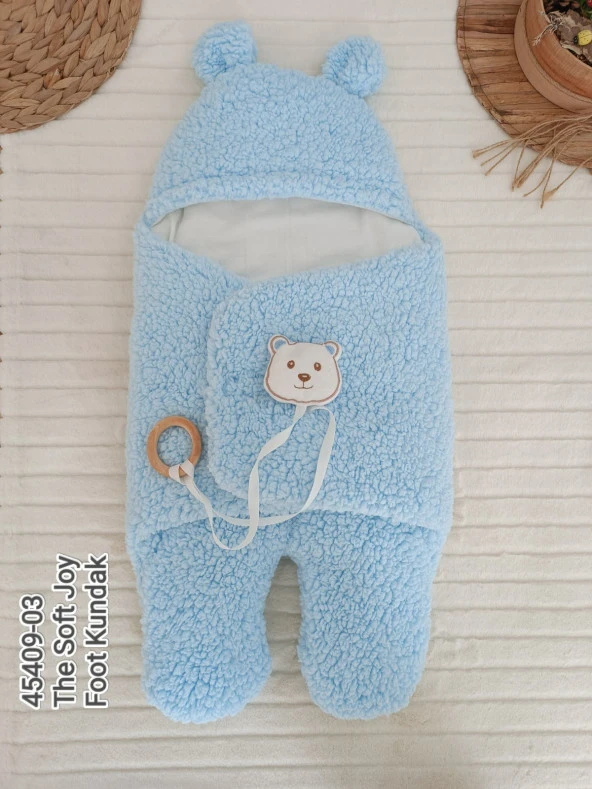 Yenidoğan Kulaklı Şapkalı Açılır Kucaklı Cırt Kapamalı Ayaklı Bebek Battaniyesi Kundak Mavi
