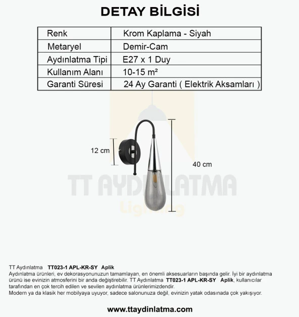 TT Aydınlatma TT023-1-APL-SY-KR  Damla Modeli Krom-Siyah Tekli Aplik - 3