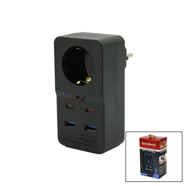 TERMAL AKIM KORUMALI  1XPRİZ 2X USB 2X TYPE-C DUVAR TİPİ PRİZ SİYAH 10A - 2500W (K0)