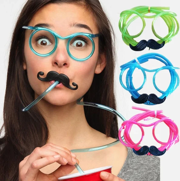 Pipetli Parti Gözlüğü - Çocuk ve Yetişkin Bıyıklı Pipet Gözlük Pembe Renk 18x14 cm (K0)