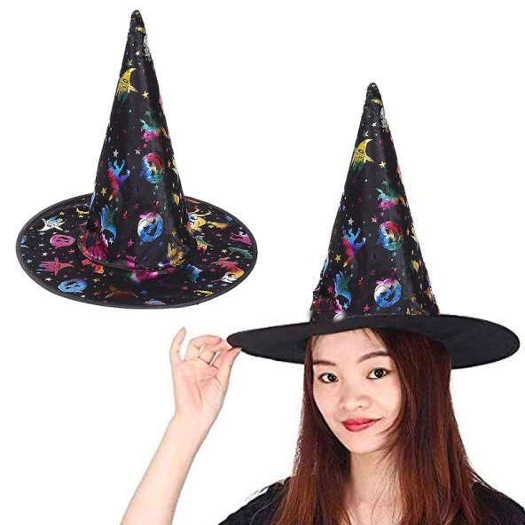 Cadı Şapkası Siyah Üzeri Rengarenk Balkabağı Cadı Figür Baskılı 38x34 cm (K0)