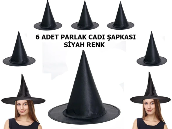 Halloween Siyah Renk Parlak Dralon Cadı Şapkası Yetişkin ve Çocuk Uyumlu 6 Adet (K0)