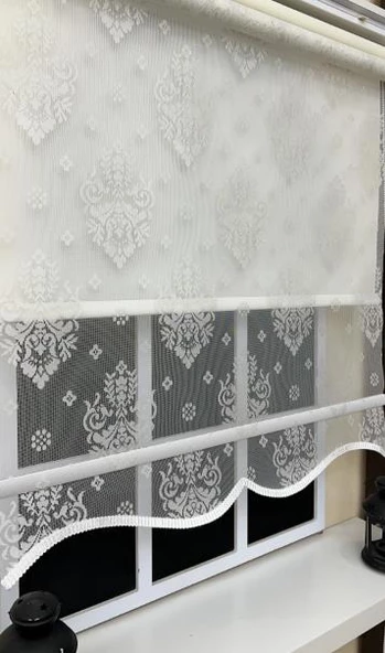 Çift Mekanizmalı Ekru Tül Perde ve Ekru Stor Perde ST 121  Beyaz 140 x 260