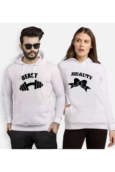 Tshirthane Beast Beauty Dumbell Kurdele  Sevgili Kombinleri Kapüşonlu Kombini