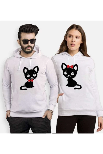 Tshirthane Tatlı Kedicik Sevgili Kombinleri Kapüşonlu Kombini