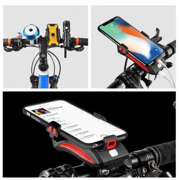 XBYC-6139 Bisiklet 400 Lümen Ön Far + Zil + Telefon Tutucu MAVİ - 5