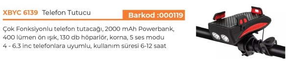 XBYC-6139 Bisiklet 400 Lümen Ön Far + Zil + Telefon Tutucu MAVİ - 6