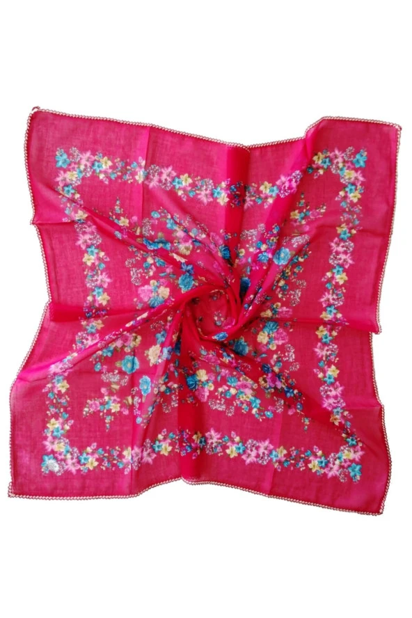 Fuşya Yazma, Yemeni, Tülbent, 100x100cm, Kenarları Kroşetalı, Tamamen Pamuklu, Terletmez