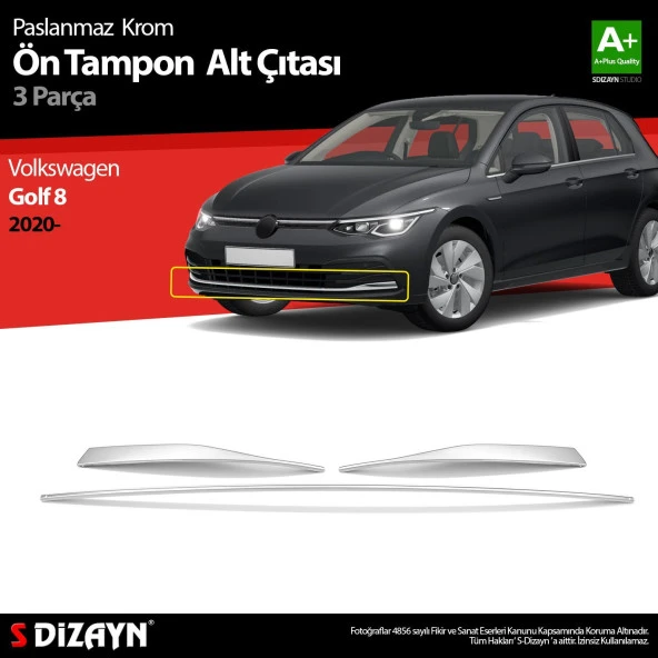 Volkswagen Golf 8 için Hatchback Krom Ön Tampon Alt Çıtası 3 Parça. 2020 Üzeri