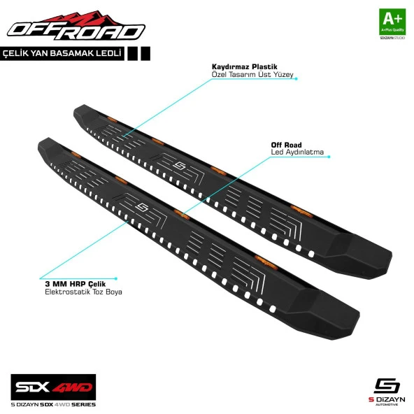 İsuzu D-Max Uyumlu 3 Çelik Yan Basamak 205 Cm Ledli V1 2019 Sedan 4Wd Off Road Parça