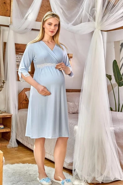 Cossy by Aqua 24177 Mavi Kruvaze Yaka Dirsek Kol Lohusa Gecelik - 3