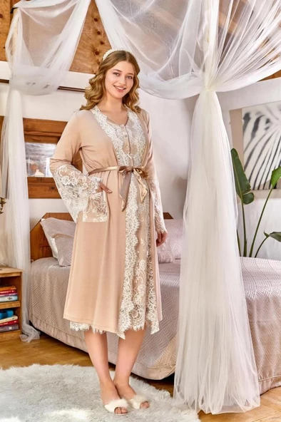 Cossy by Aqua 24173 Vizon Dantel Detaylı Lohusa Sabahlık - 3