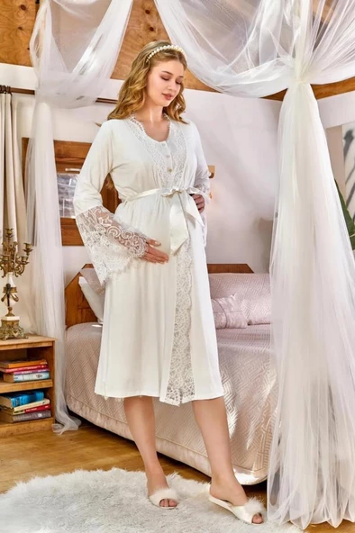 Cossy by Aqua 24173 Ekru Dantel Detaylı Lohusa Sabahlık - 4