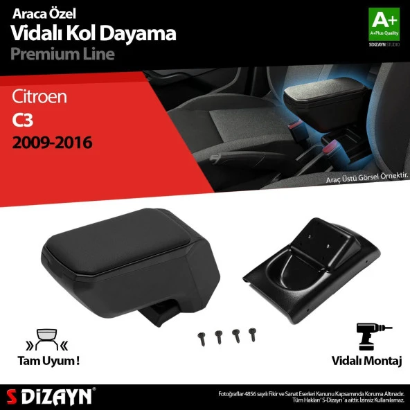 Citroen C3 Uyumlu Kol Dayama Kolçak ABS Vidalı Siyah 2009-2016 A+Kalite Parça