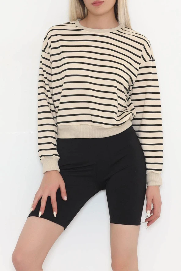 Çizgili Crop Sweat Bejsiyah - 11815.1567. - 2