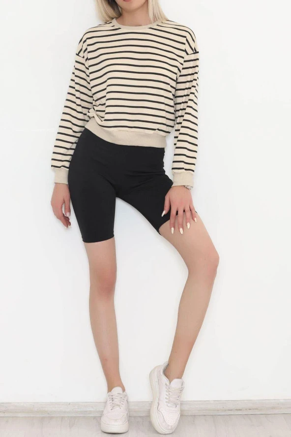Çizgili Crop Sweat Bejsiyah - 11815.1567. - 3