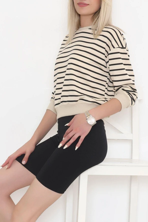 Çizgili Crop Sweat Bejsiyah - 11815.1567. - 5