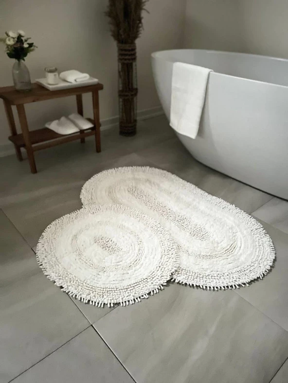 Makaroni Doğal Pamuklu 2li Banyo Paspas Seti 60x100+50x60 Cm Beyaz