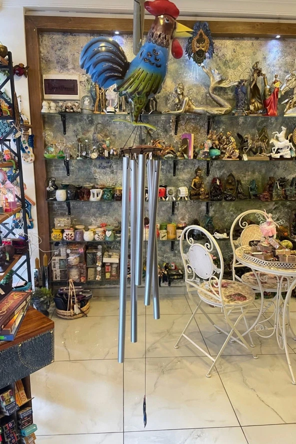 Deprem Çanı Rüzgar Zili Feng Shui Koruyucu Horoz Metal El İşi 5 Beş Metal borulu - 3