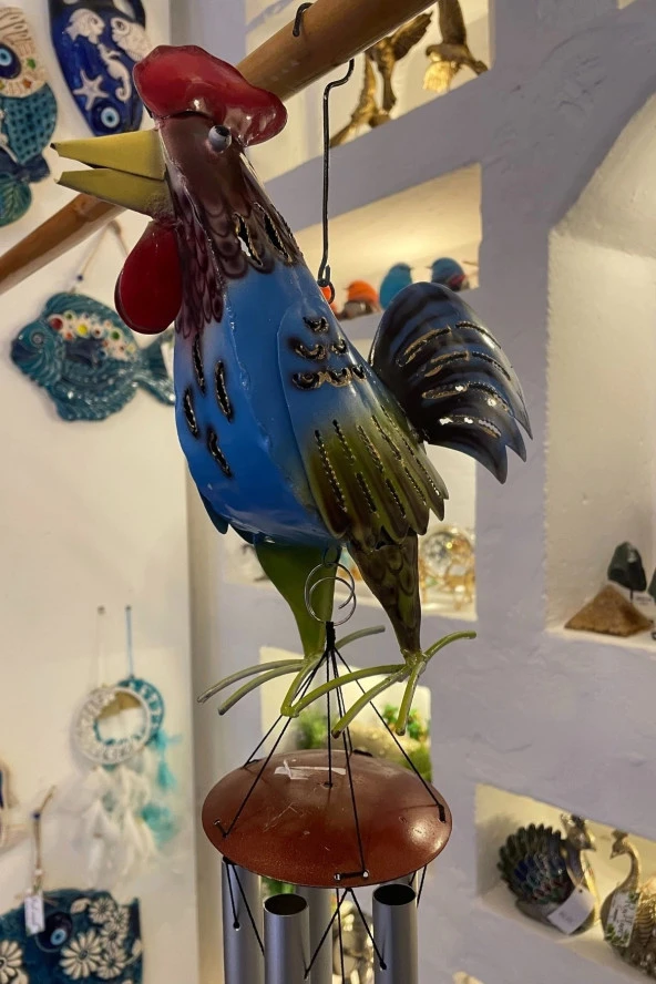 Deprem Çanı Rüzgar Zili Feng Shui Koruyucu Horoz Metal El İşi 5 Beş Metal borulu - 6