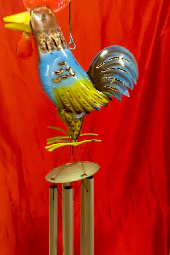 Deprem Çanı Rüzgar Zili Feng Shui Koruyucu Horoz Metal El İşi 5 Beş Metal borulu - 12