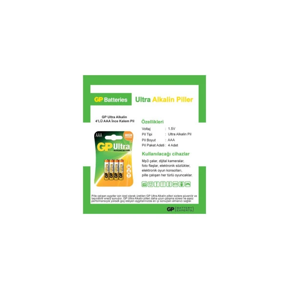 Gp AAA Boy Ultra Alkalin İnce Kalem Pil 4 Lü Paket - 4
