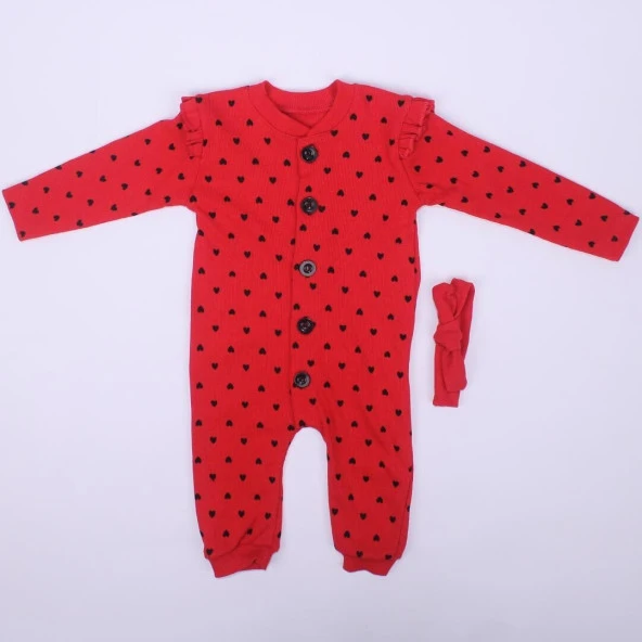 Kız Bebek Kırmızı Kalp Desenli Bandanalı Tulum