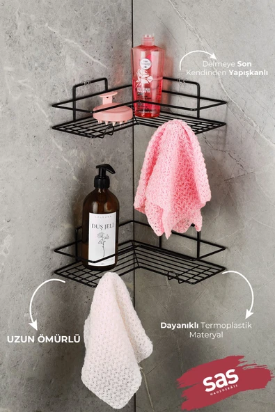 Yapışkanlı Ömür Boyu Paslanmaz Banyo Köşeliği Rafı Banyo Düzenleyici Şampuanlık Raf  2 ADET Siyah - 2