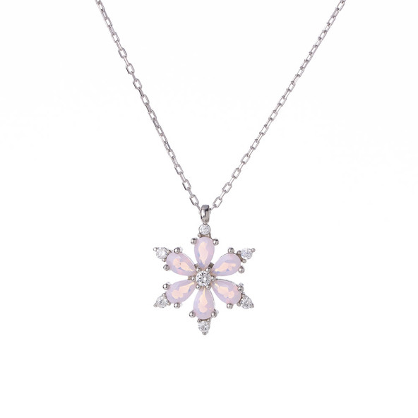 Pembe Zirkon Taşlı Lotus Çiçeği Model 925 Ayar Gümüş Kadın Kolye - 3