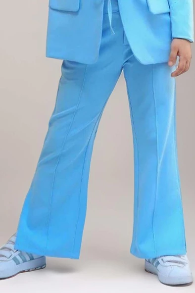 Kız Çocuk Halka Detaylı Blazer Ceket ve  Yırtmaç Detaylı İspanyol Paçalı Pantolon Mavi Alt Üst Takım - Resim 3