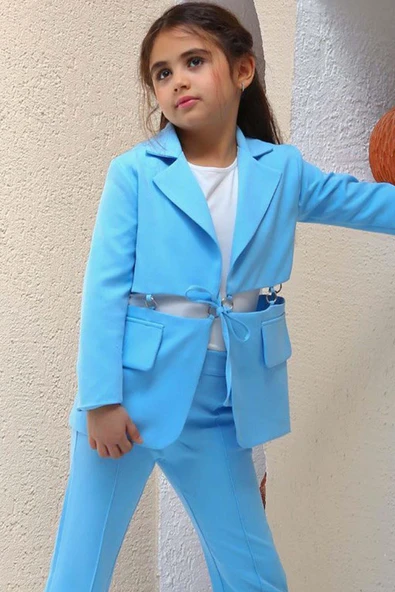 Kız Çocuk Halka Detaylı Blazer Ceket ve  Yırtmaç Detaylı İspanyol Paçalı Pantolon Mavi Alt Üst Takım - Resim 6