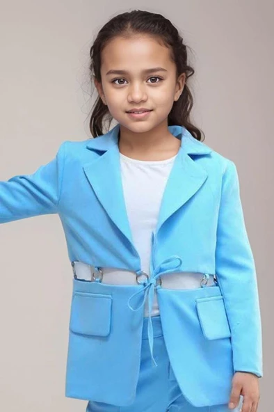 Kız Çocuk Halka Detaylı Blazer Ceket ve  Yırtmaç Detaylı İspanyol Paçalı Pantolon Mavi Alt Üst Takım - Resim 2