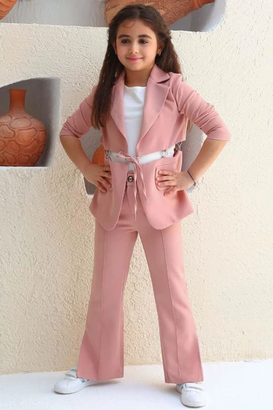 Kız Çocuk Halka Detaylı Blazer Ceket ve Yırtmaç Detaylı İspanyol Paçalı Pantolon Pudra Alt Üst Takım