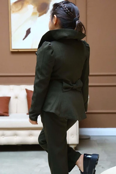 Kız Çocuk Yakası Fırfırlı Kloş Ceket, Haki Alt Üst Takım - Resim 2