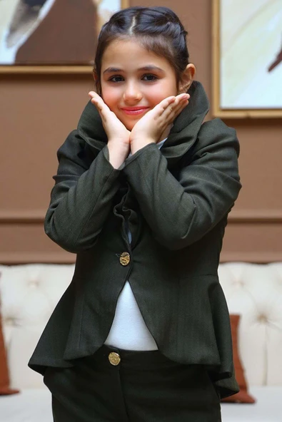 Kız Çocuk Yakası Fırfırlı Kloş Ceket, Haki Alt Üst Takım - Resim 3