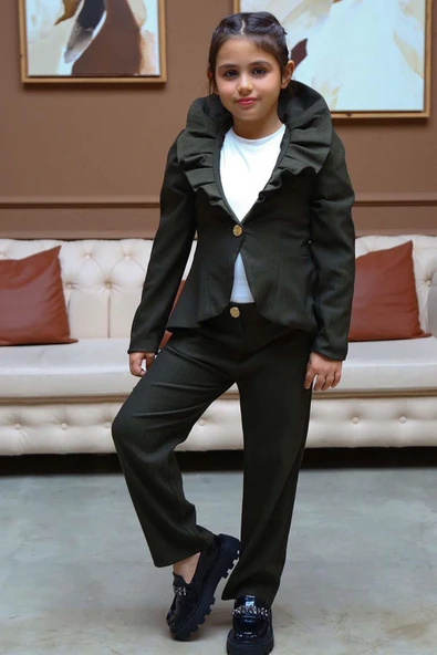 Kız Çocuk Yakası Fırfırlı Kloş Ceket, Haki Alt Üst Takım ürün görseli